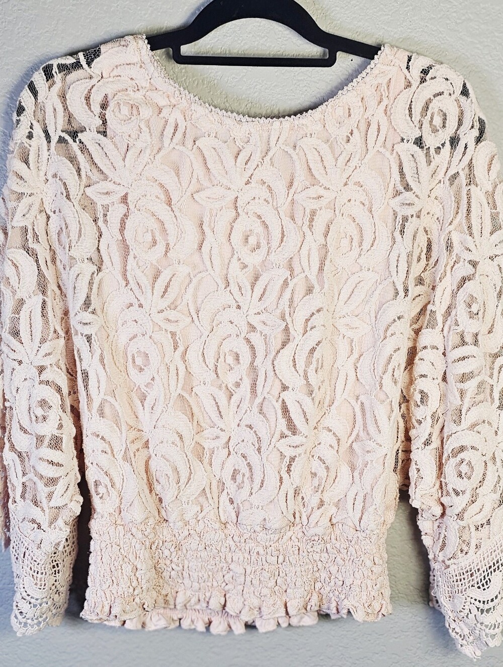 Lauren Michelle XL Blush Pink Floral Lace Smocked Boho Blouse
